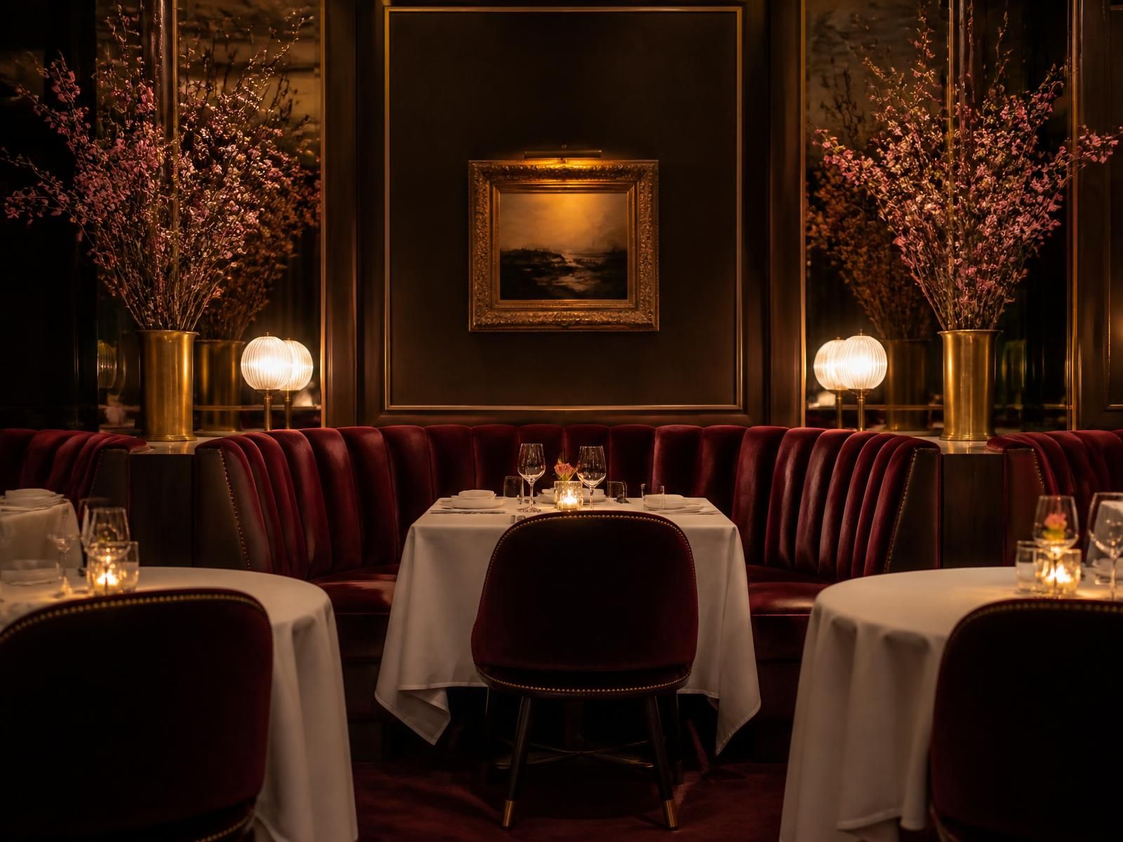 Intimate fine dining room with burgundy velvet banquettes and candlelight