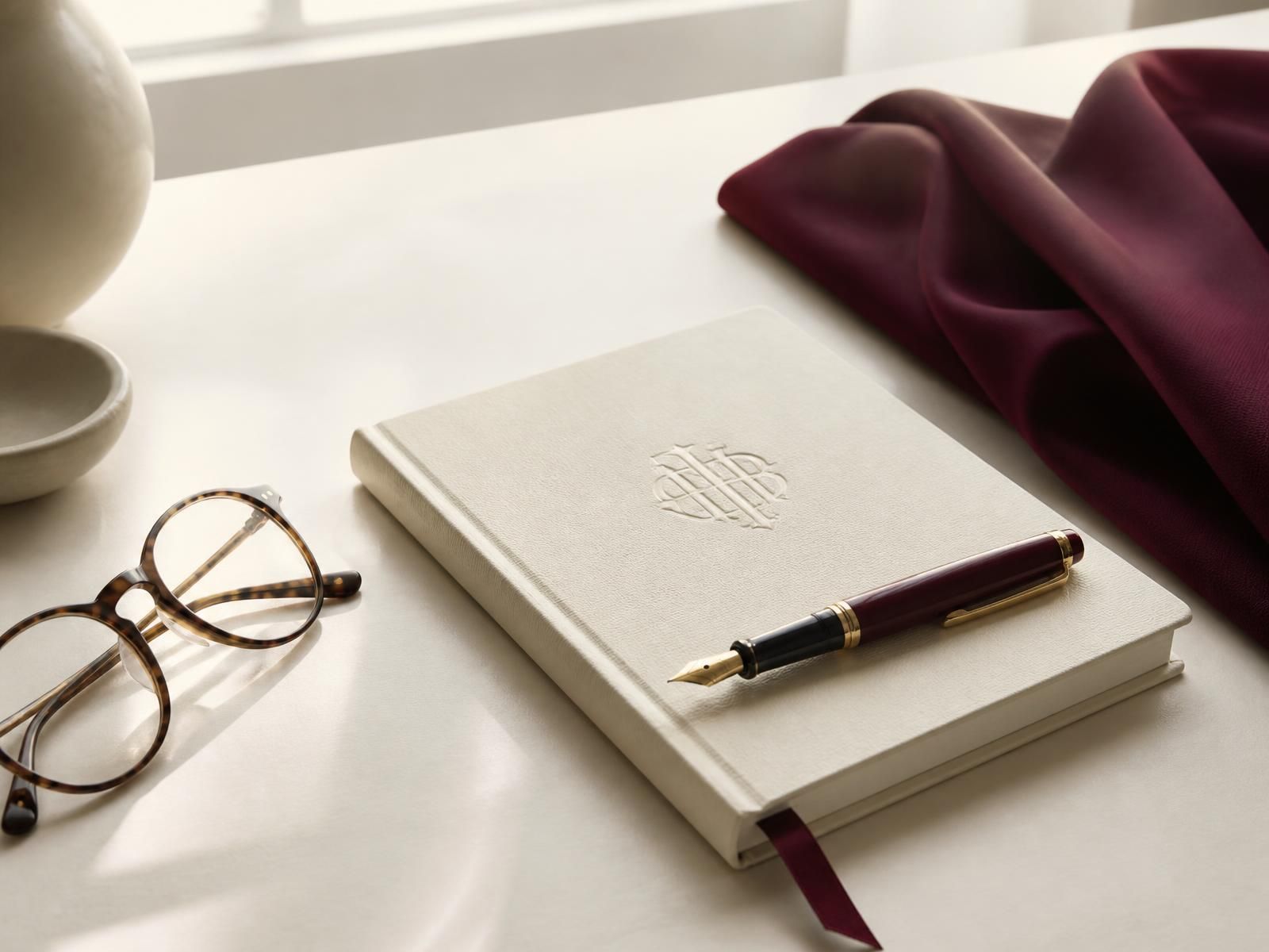 Monogrammed ivory notebook, fountain pen and burgundy silk on a desk