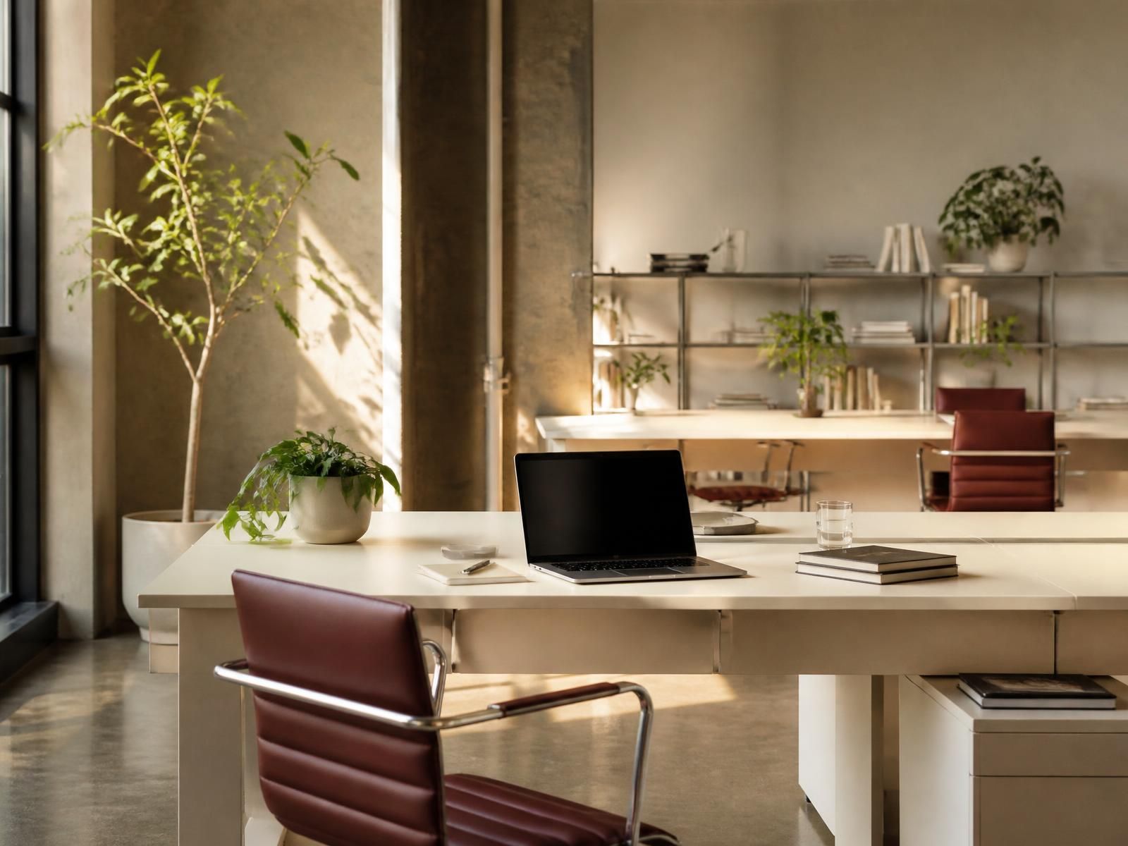 Calm modern studio workspace with ivory desks and warm daylight