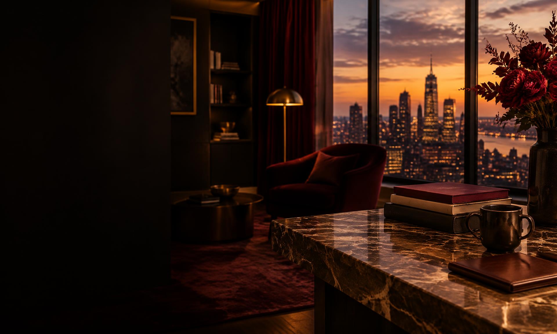 A warm, dimly lit studio lounge at dusk with a marble desk, red flowers and a view of the city skyline
