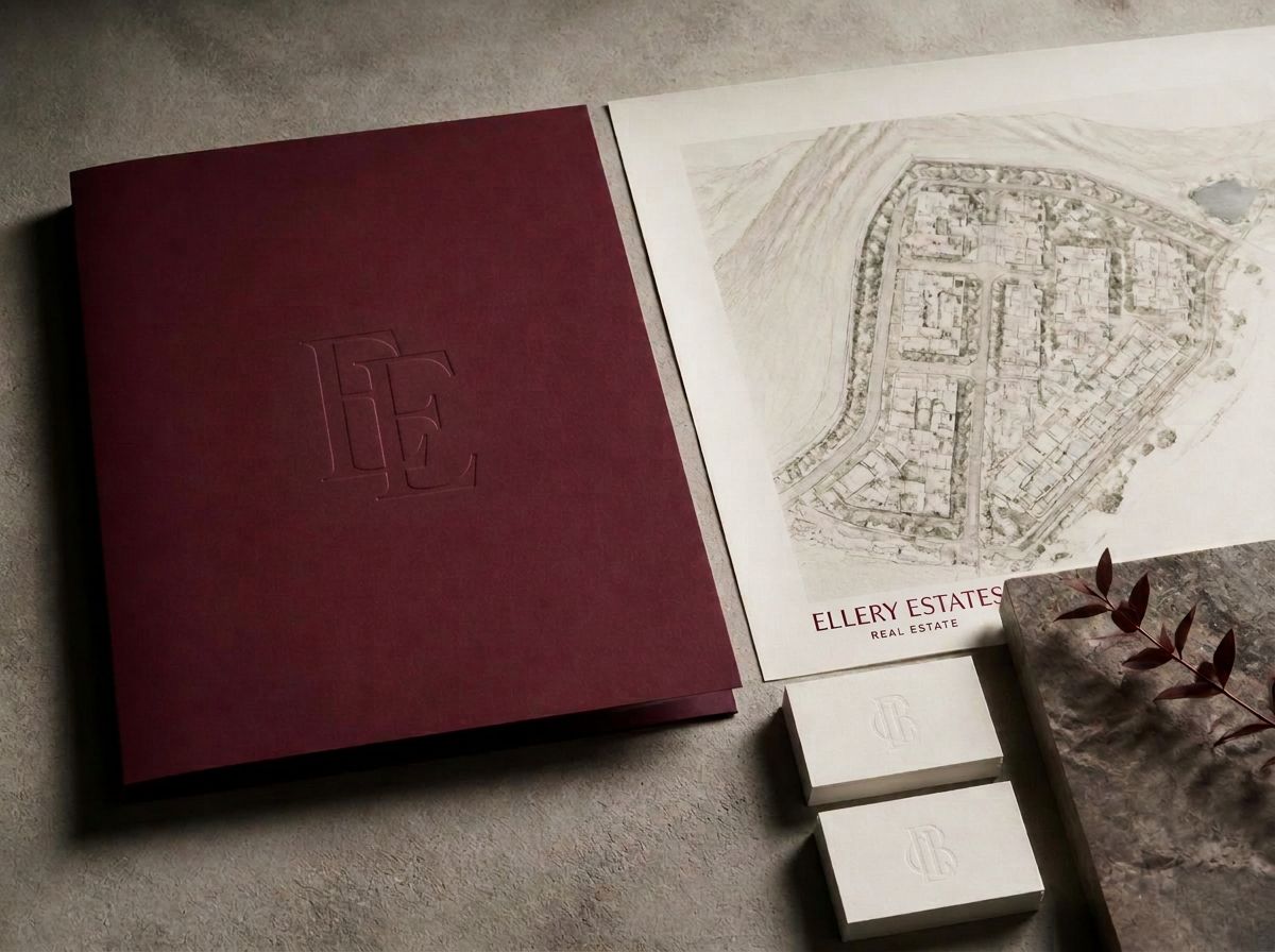 Burgundy embossed presentation folder with ivory cards and a site plan