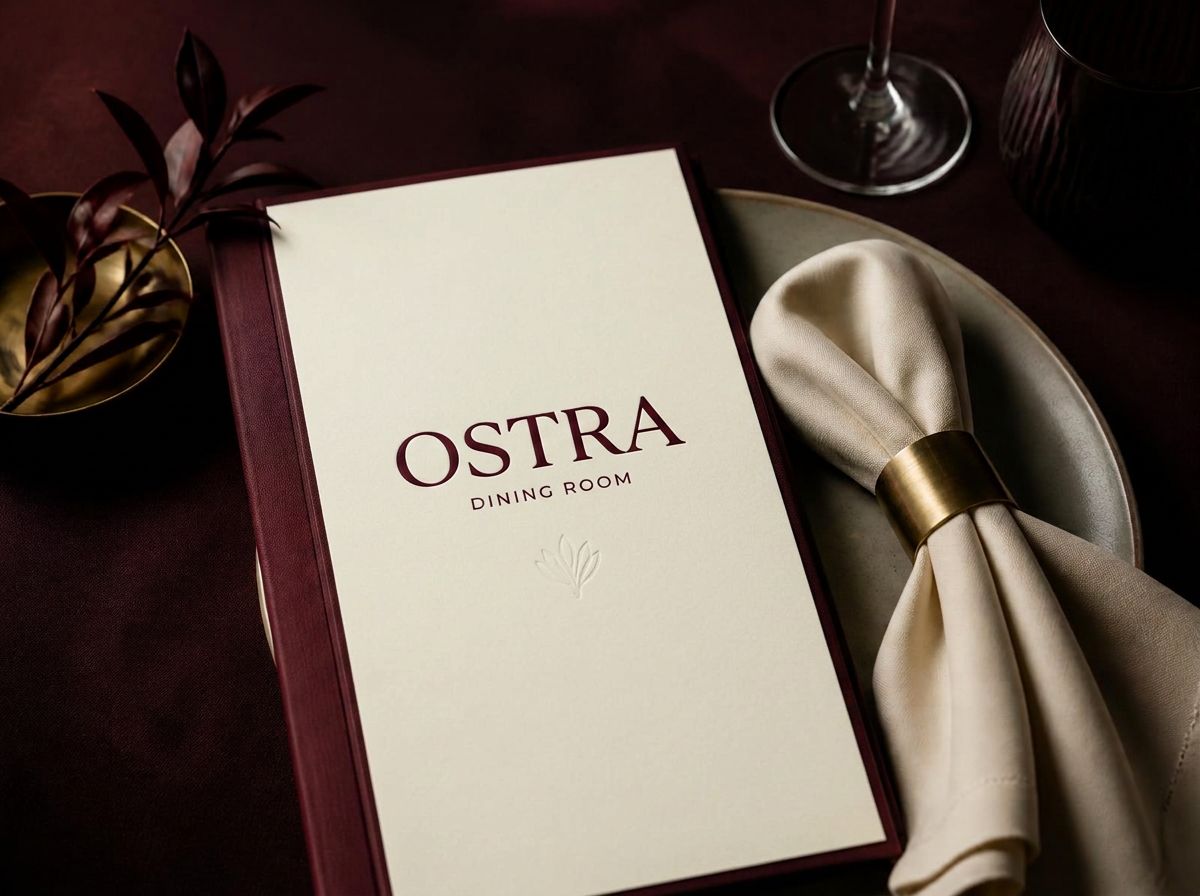 Burgundy menu cover with ivory napkin and brass ring on a dark table