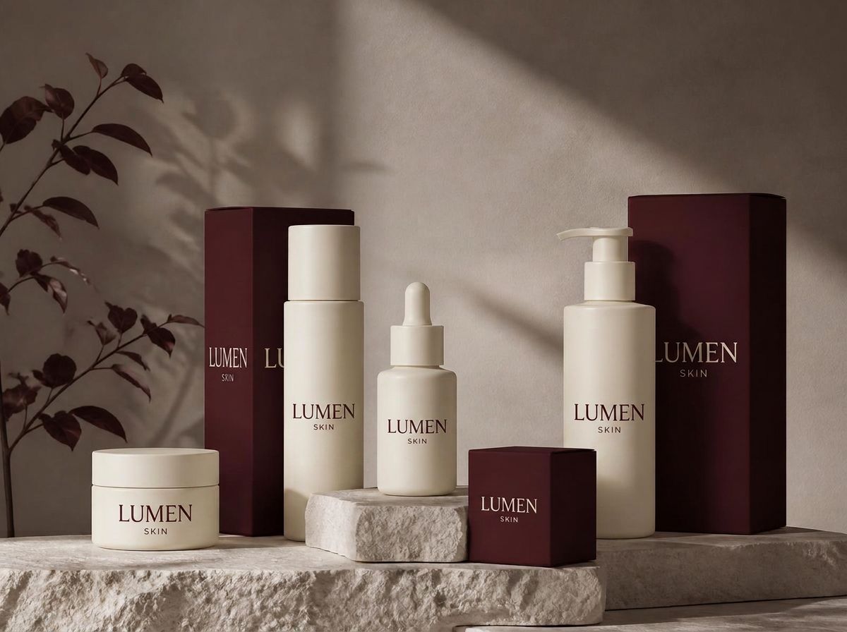 Ivory and burgundy skincare packaging arranged on stone plinths
